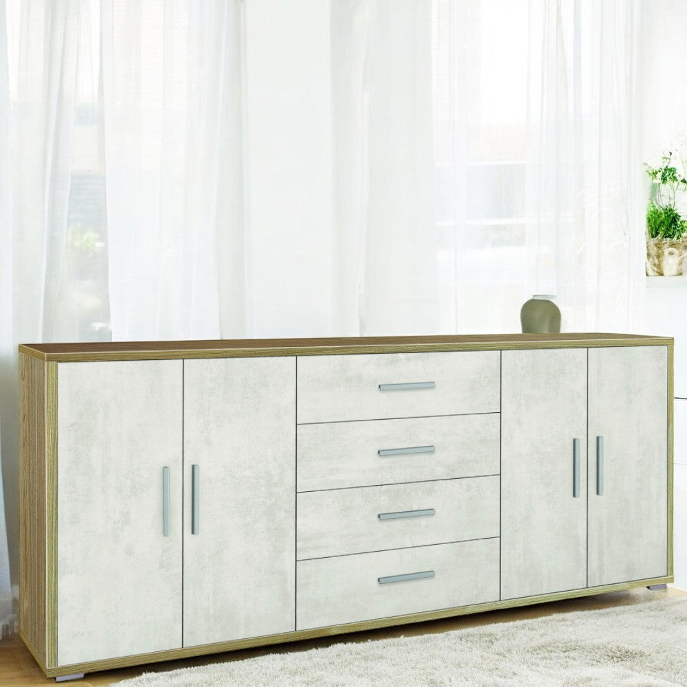 Mobile soggiorno moderno 4 ante 4 cassetti in MDF finitura noce stelvio e ossido bianco dimensioni 203x41x84 cm elegante e pratico