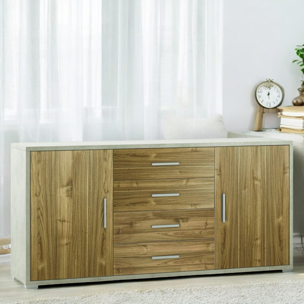 Mobile soggiorno moderno 2 ante 4 cassetti finitura ossido bianco e noce dimensioni 174x41x84 cm in MDF marrone