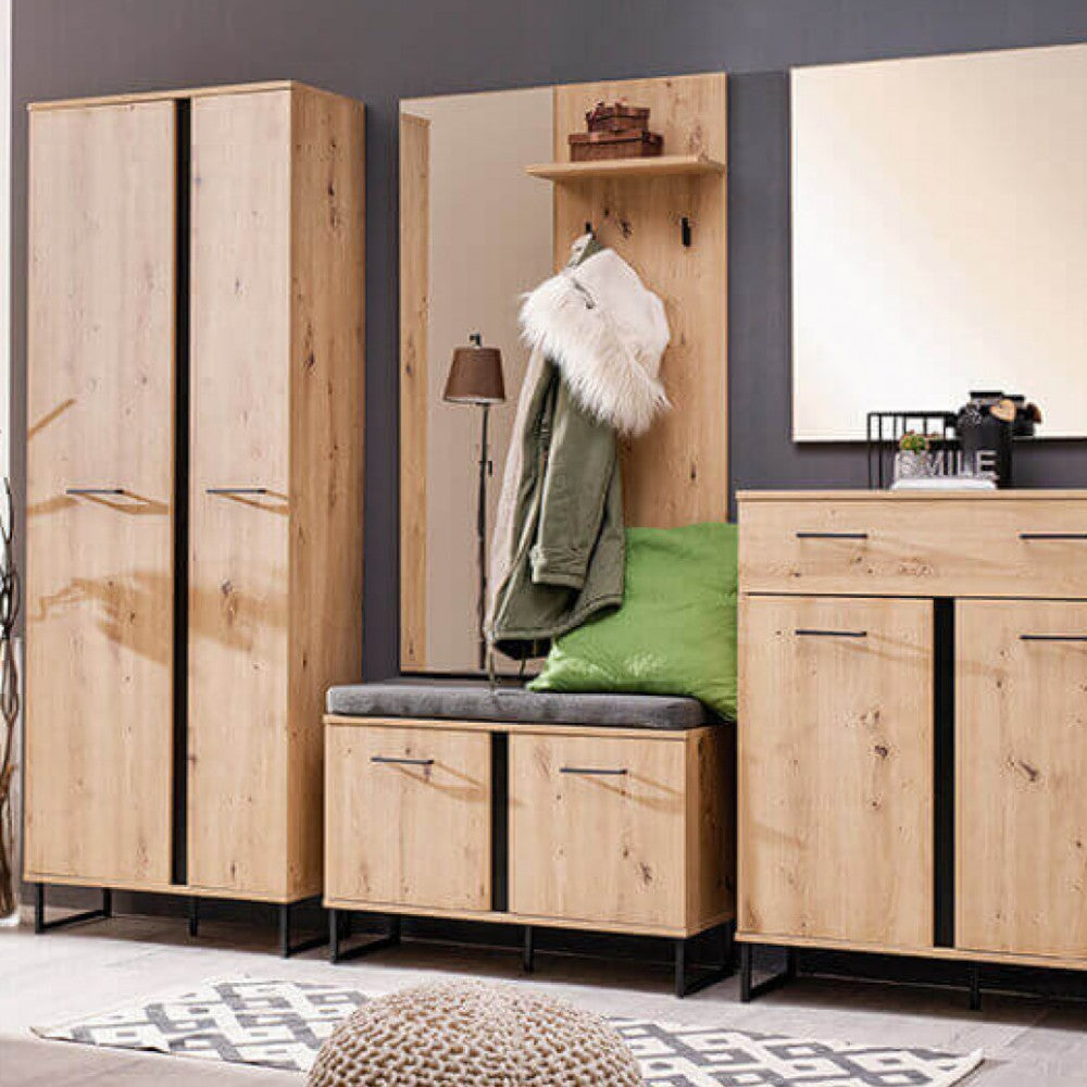 Ingresso in truciolare bilaminato rovere chiaro design moderno con ripiani e spazio contenitore elegante e funzionale