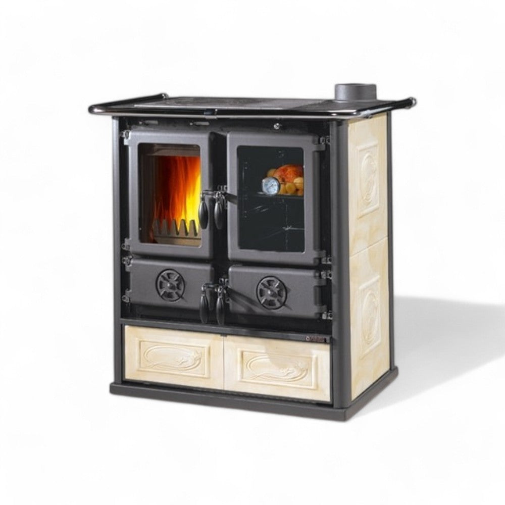 Cucina Stufa a legna con rivestimento in maiolica 7,9 kW Rosetta Liberty panna