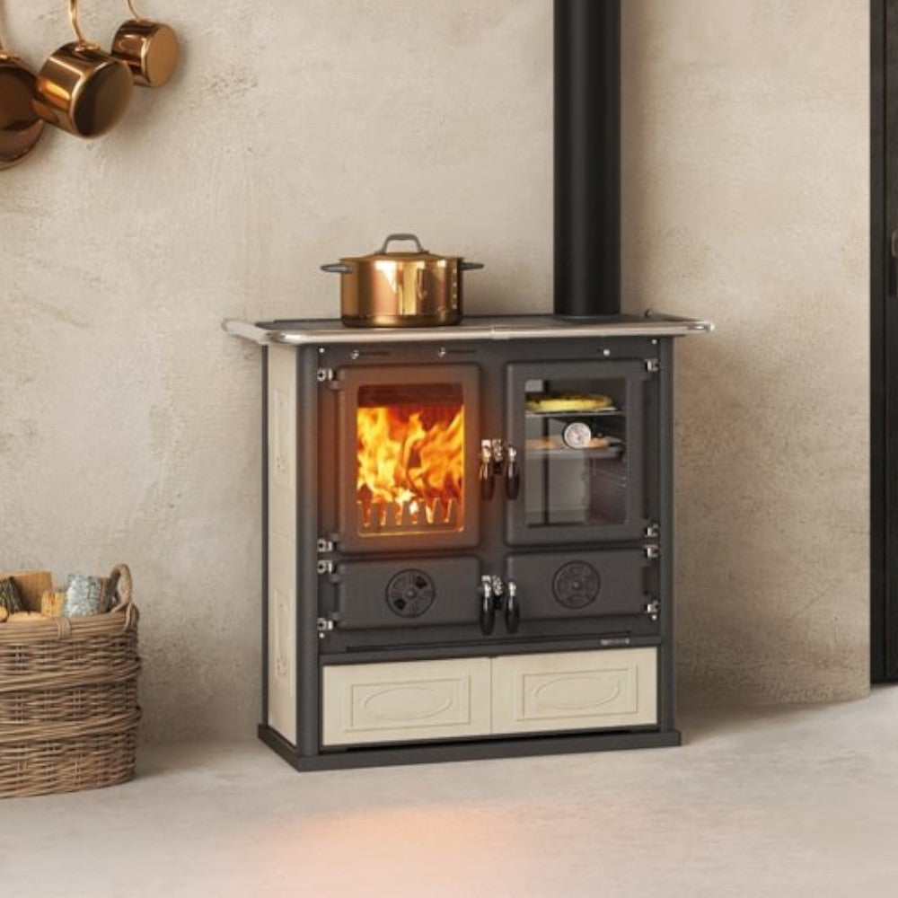 Cucina Stufa a legna con rivestimento in maiolica 7,9 kW Rosetta Liberty panna