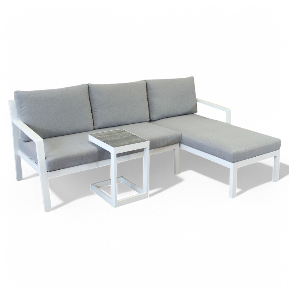 Divano in alluminio bianco con tavolino integrato e cuscini inclusi 70/135x75/140xH75 cm