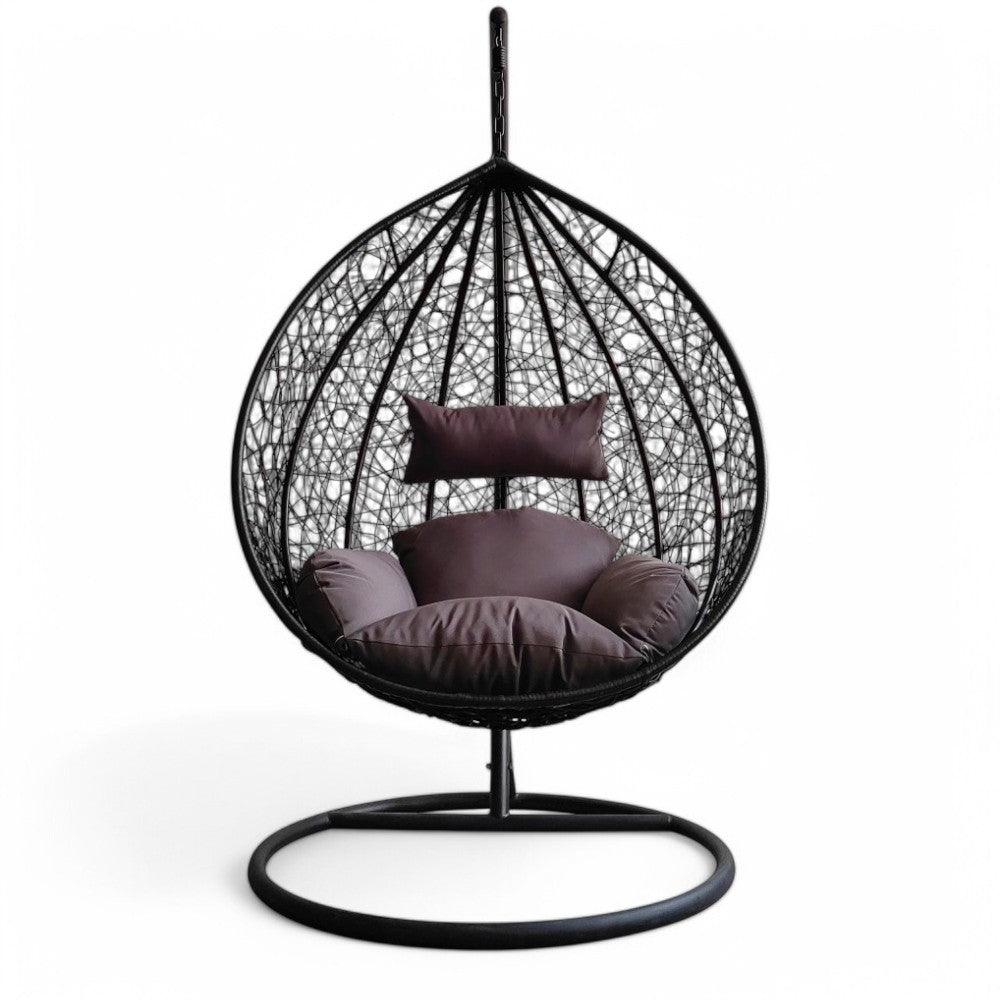 Dondolo sospeso ovale con struttura in metallo e seduta in wicker 195x105x120cm