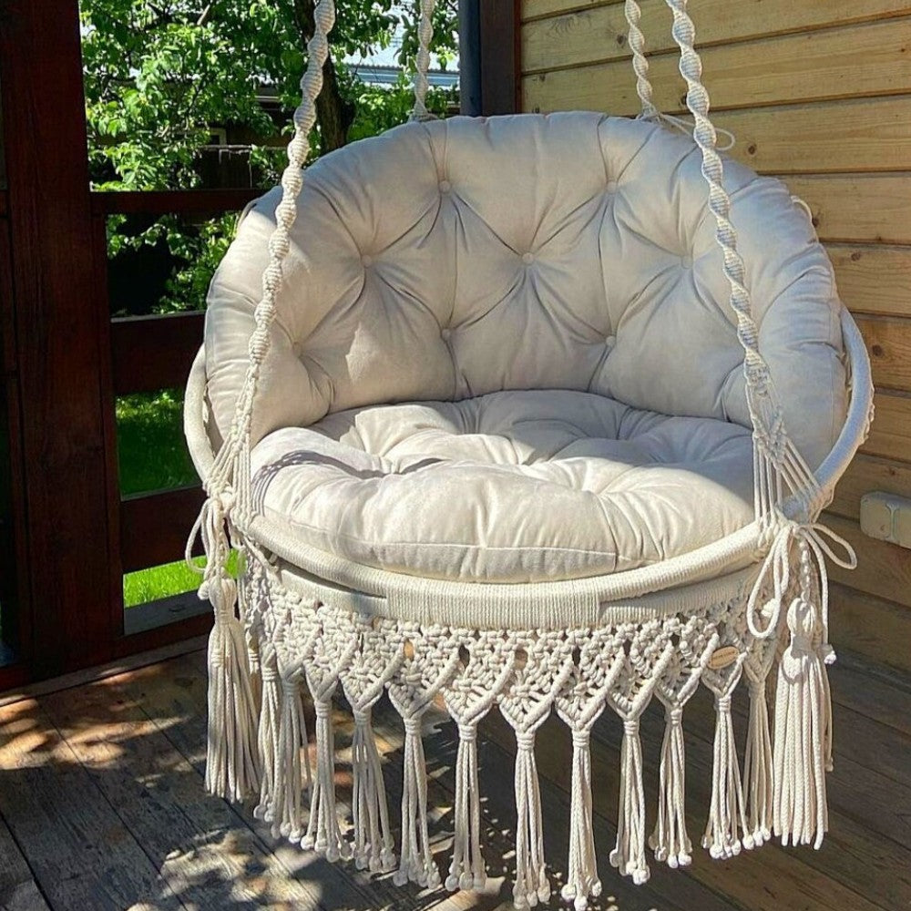 Amaca dondolo sospeso da giardino beige in cotone con struttura in legno di acacia 76x60x127 cm