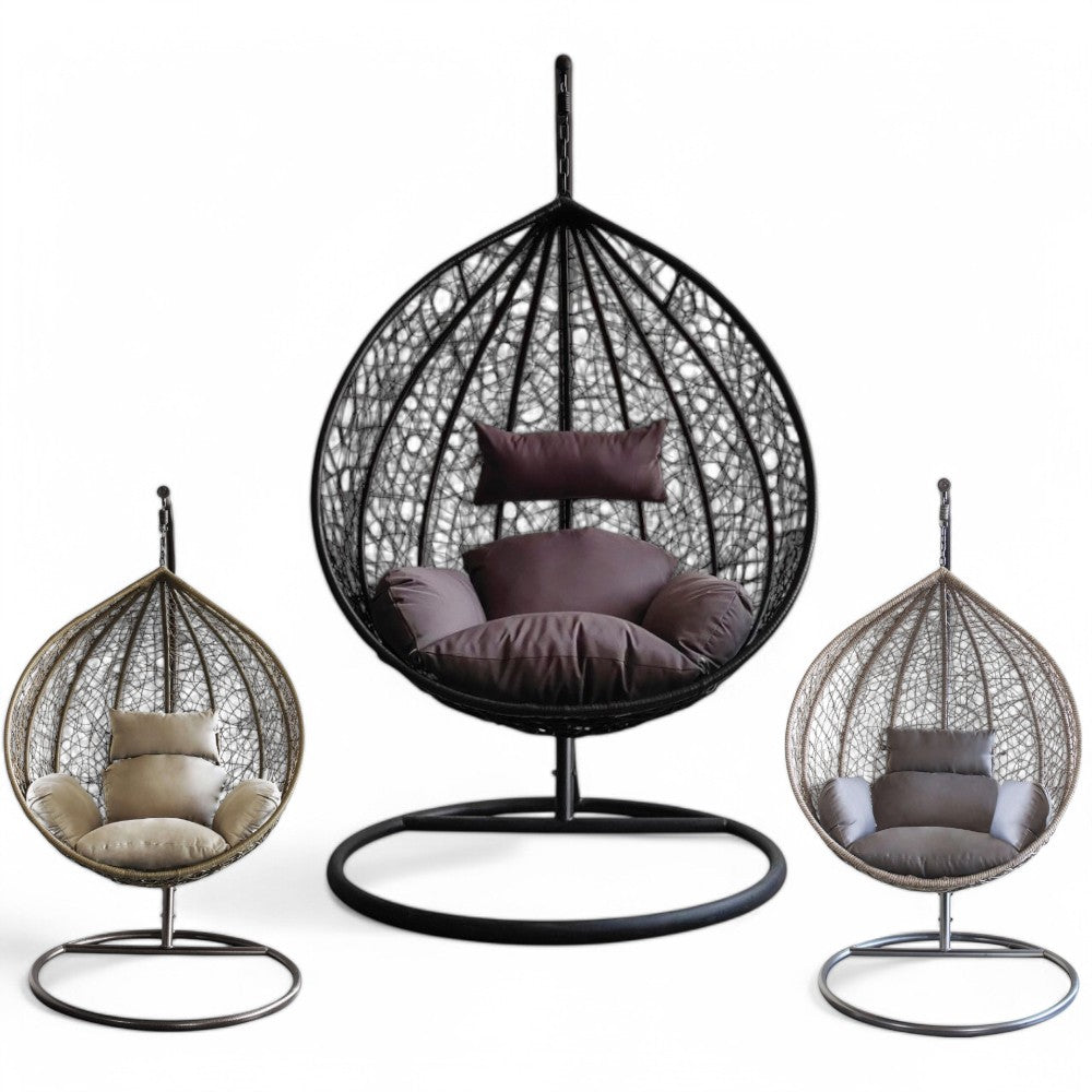 Dondolo sospeso ovale con struttura in metallo e seduta in wicker 195x105x120cm