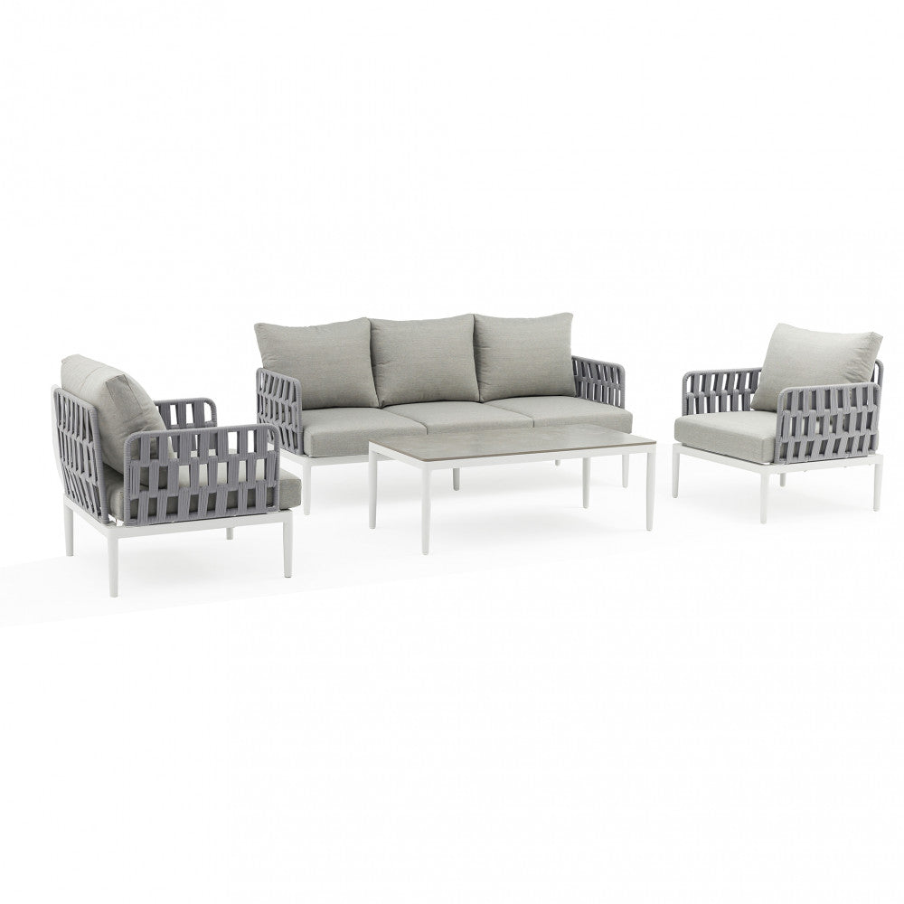 Salotto da giardino struttura in alluminio e rivestimento in corda pvc con cuscini Saint Jon