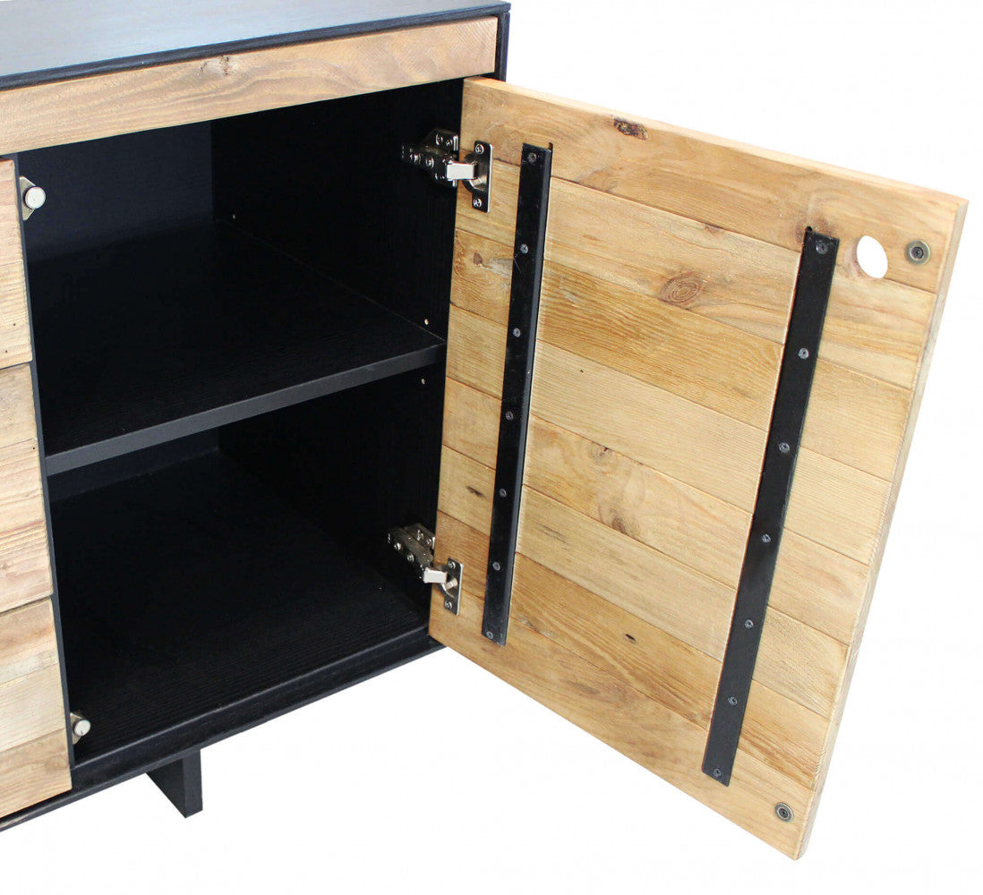 Mobile in legno di pino riciclato naturale con 3 cassetti e 2 ante 150x48xH76 cm Devin