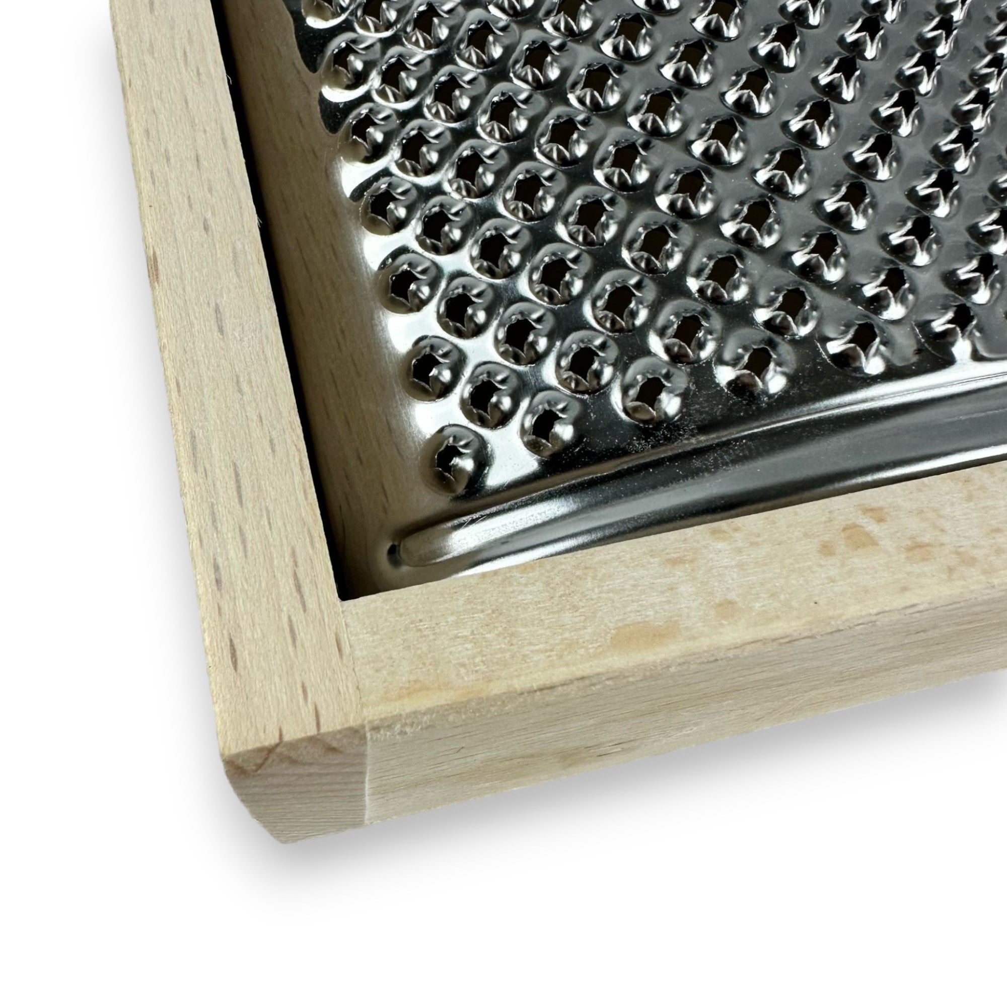 Grattugia in acciaio inox con impugnatura e cassetto raccoglitore in legno