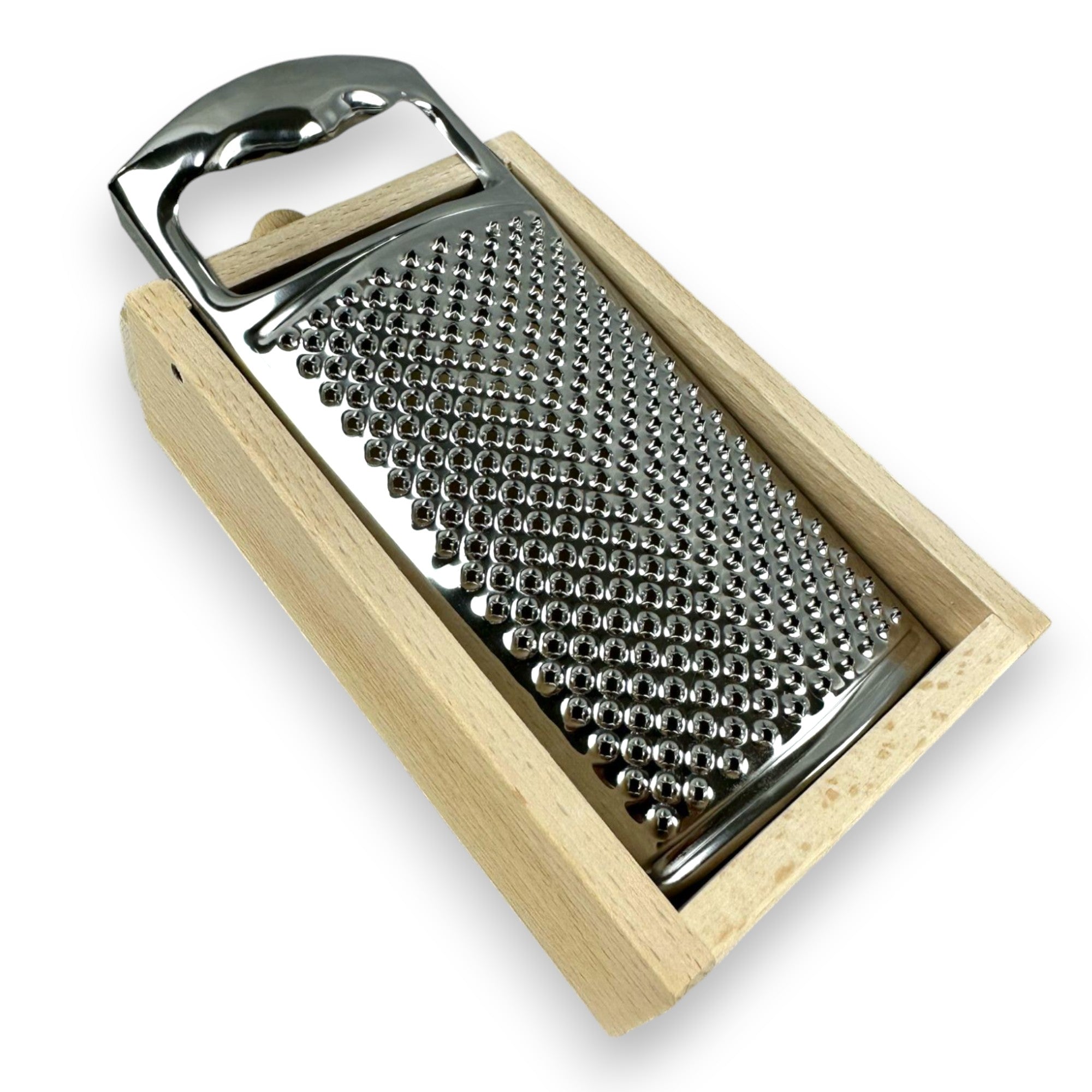 Grattugia in acciaio inox con impugnatura e cassetto raccoglitore in legno