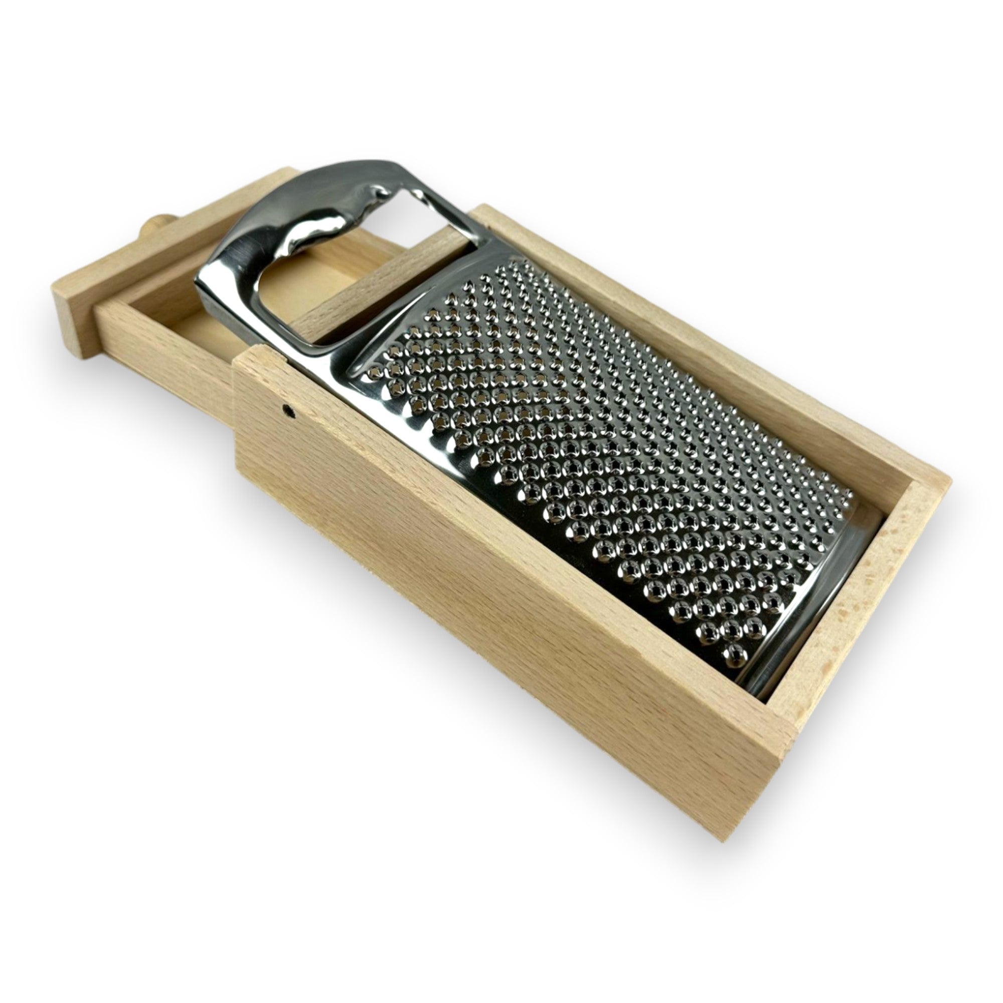 Grattugia in acciaio inox con impugnatura e cassetto raccoglitore in legno