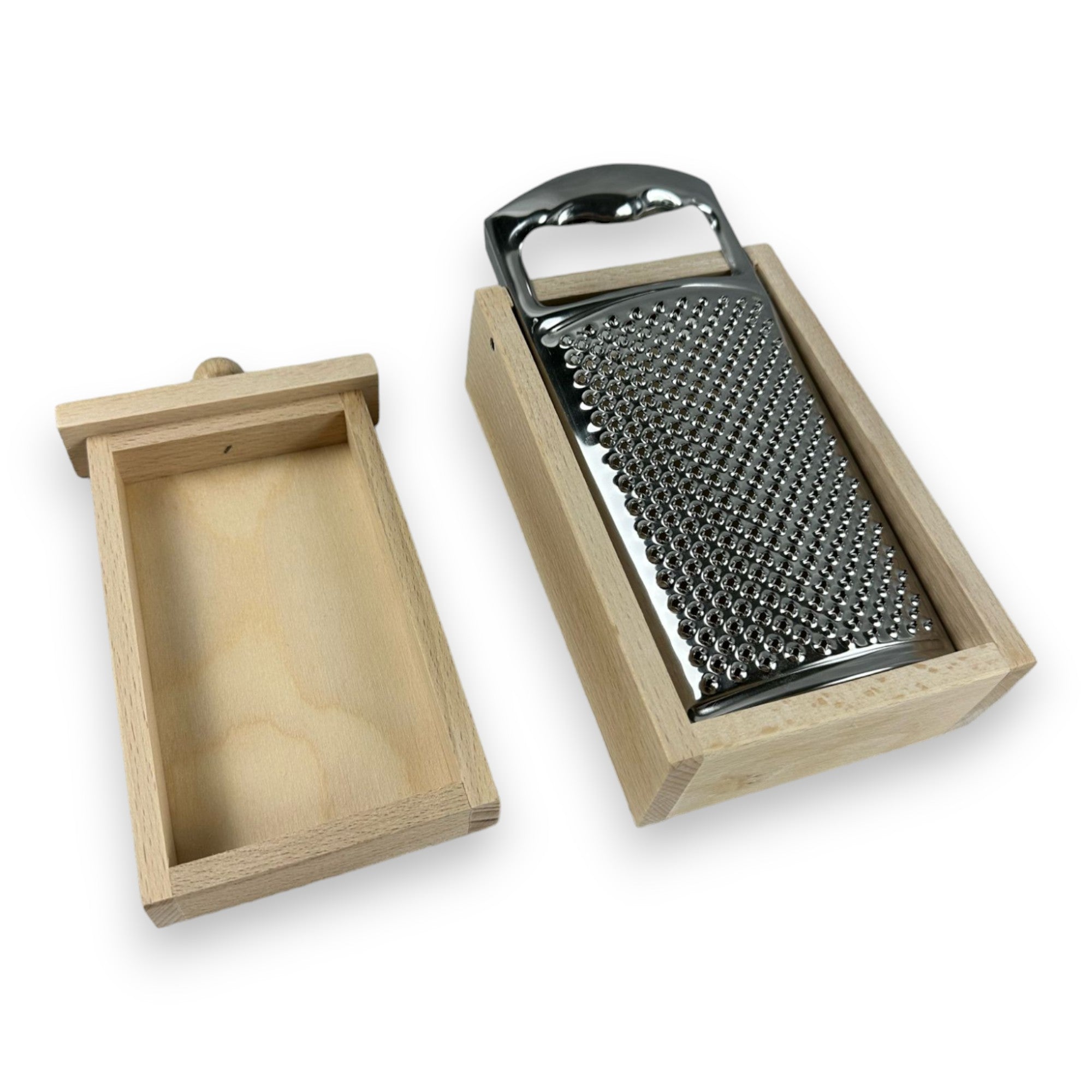 Grattugia in acciaio inox con impugnatura e cassetto raccoglitore in legno