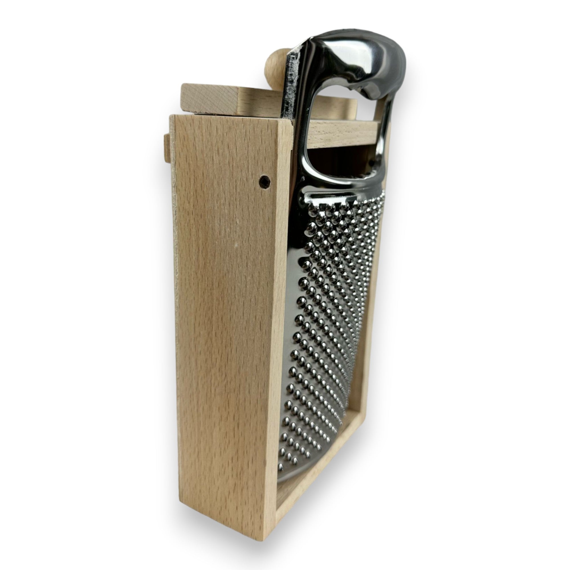 Grattugia in acciaio inox con impugnatura e cassetto raccoglitore in legno