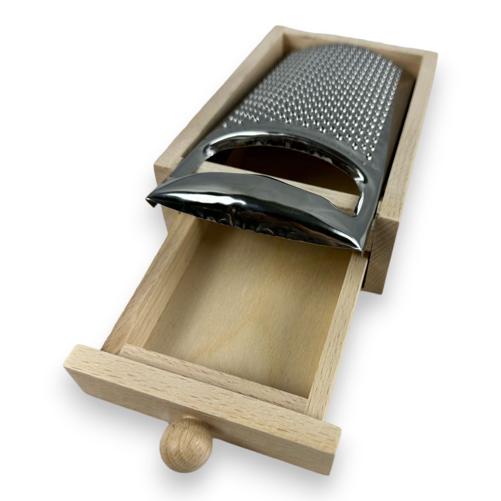 Grattugia in acciaio inox con impugnatura e cassetto raccoglitore in legno