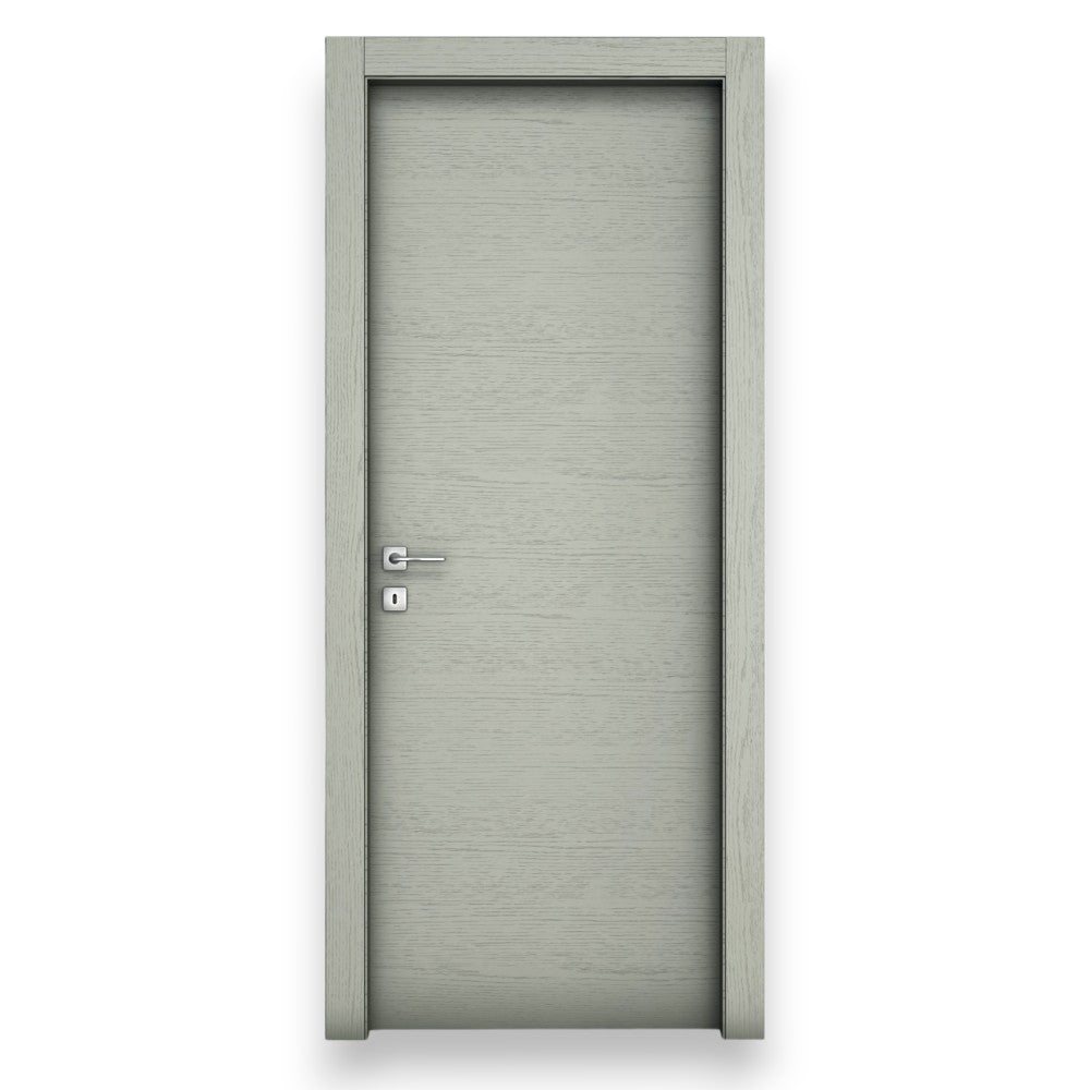 Porta battente reversibile moderna da interno completa in legno di abete grigio con venature giuntato con serratura e profili