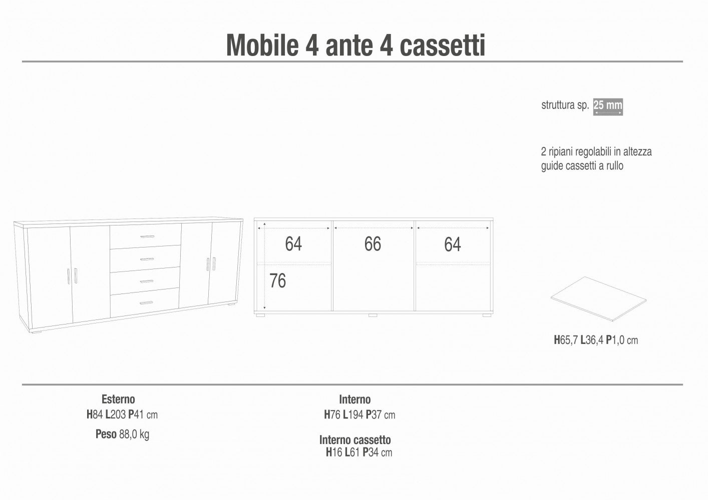 Mobile soggiorno moderno 4 ante 4 cassetti in MDF finitura noce stelvio e ossido bianco dimensioni 203x41x84 cm elegante e pratico