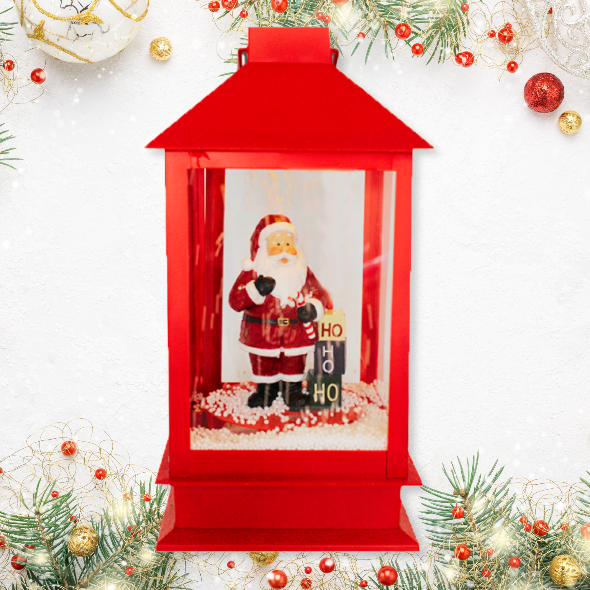 Lanterna natalizia decorativa con Babbo Natale e neve dimensioni 15x15x32 cm perfetta per creare un'atmosfera festiva