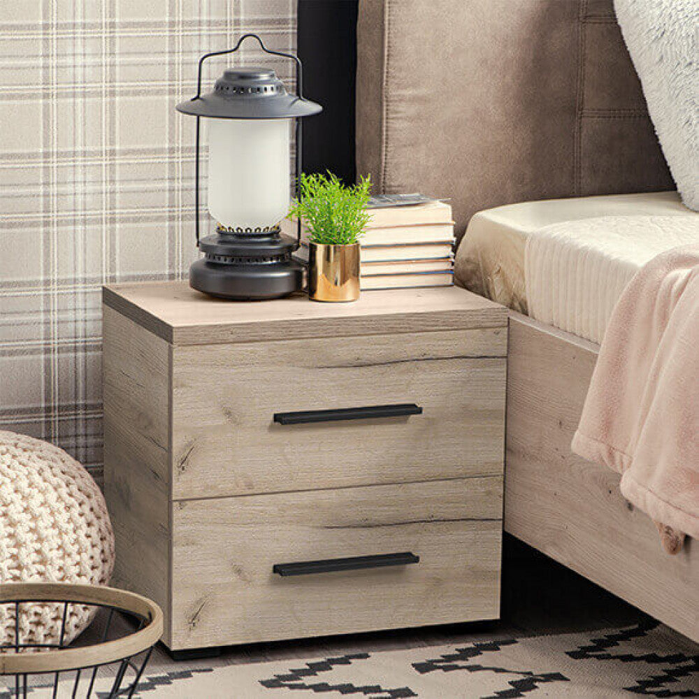 Comodino in legno con 2 cassetti rovere grigio 44,5x33x43 cm per camera da letto
