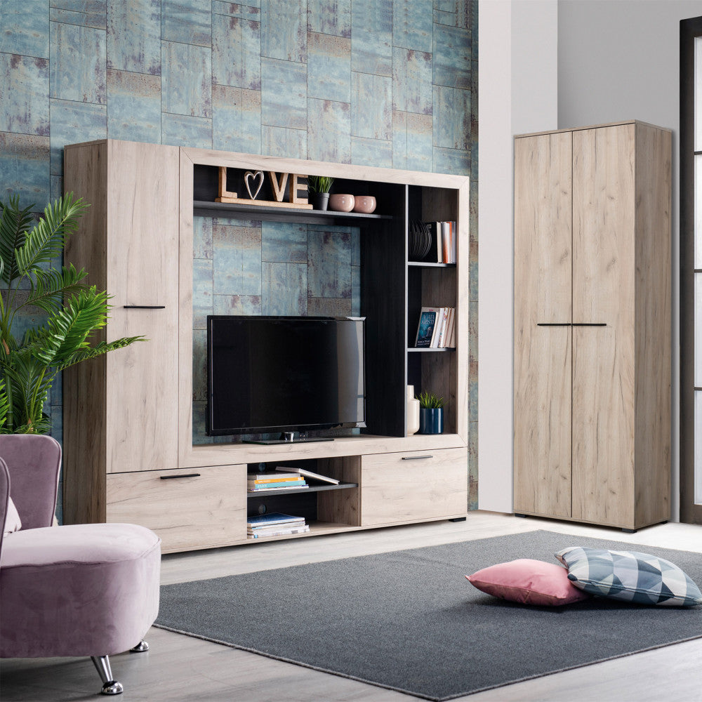 Parete attrezzata elegante moderna porta TV da soggiorno in legno con 11 ripiani e 3 ante Patton