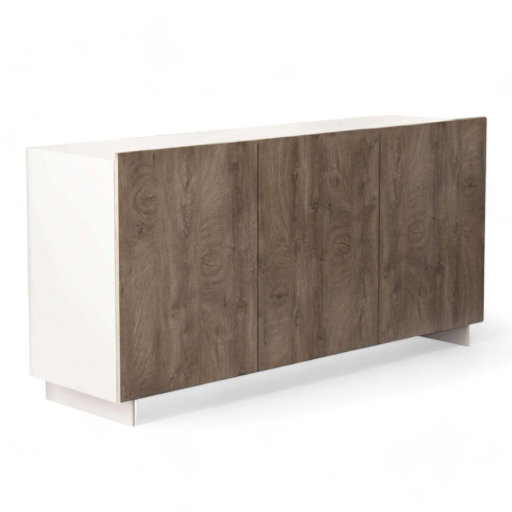 Mobile madia bianco rovere grigio con tre ante e ripiani interni in truciolare nobilitato resistente 150x41x76 cm