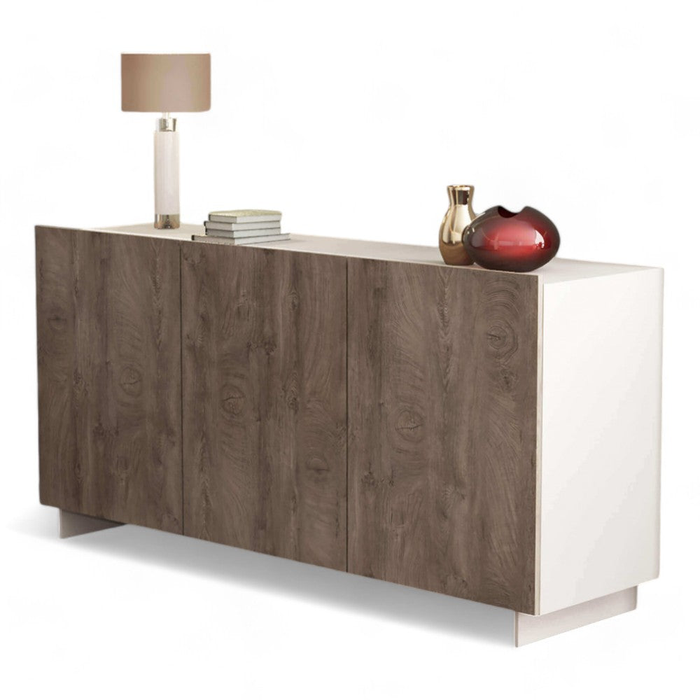 Mobile madia bianco rovere grigio con tre ante e ripiani interni in truciolare nobilitato resistente 150x41x76 cm