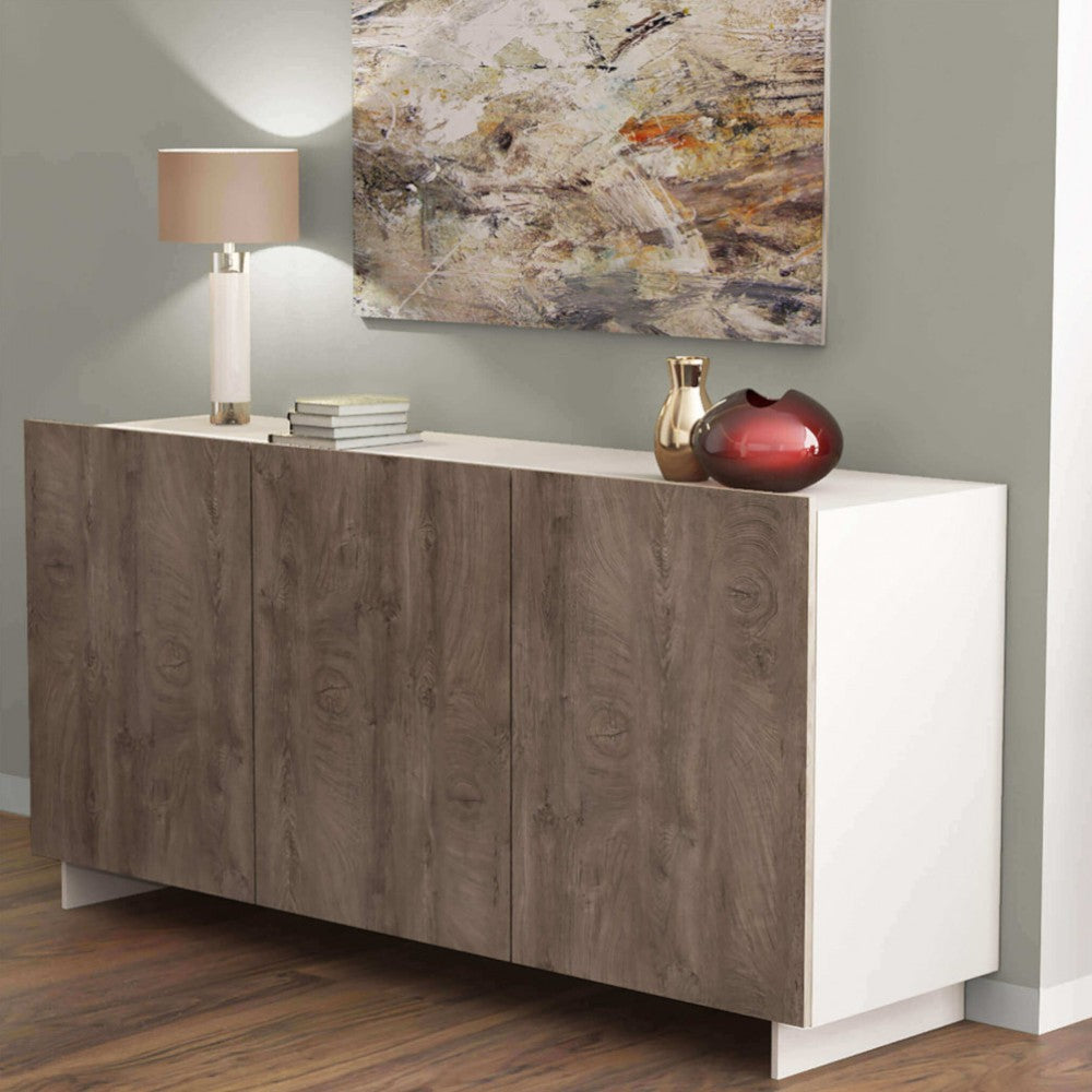 Mobile madia bianco rovere grigio con tre ante e ripiani interni in truciolare nobilitato resistente 150x41x76 cm