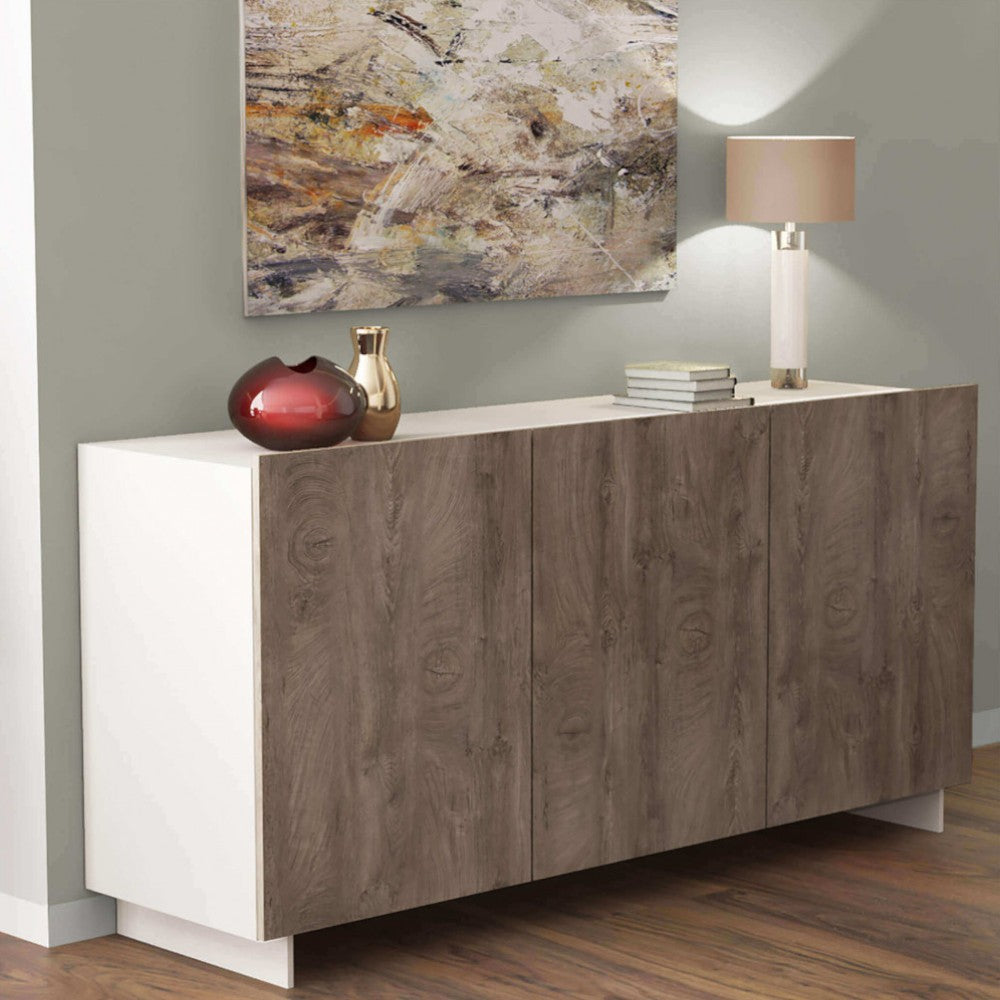 Mobile madia bianco rovere grigio con tre ante e ripiani interni in truciolare nobilitato resistente 150x41x76 cm