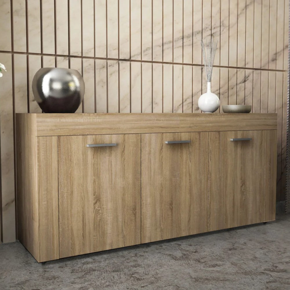 Mobile madia in quercia chiaro con tre ante e ripiani interni cm 150x40x81h in truciolare melaminico antigraffio