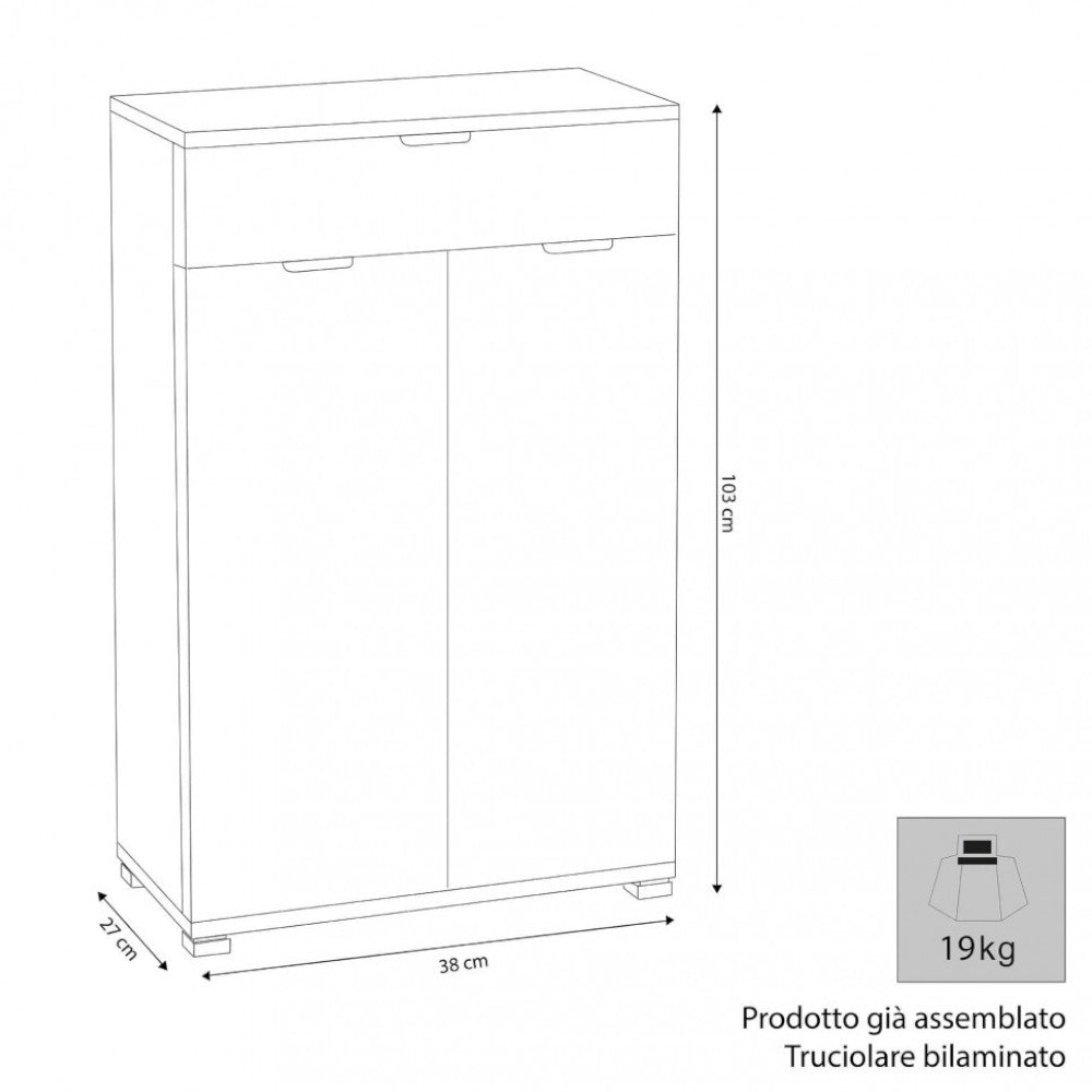 Mobiletto in truciolare bilaminato marrone con 2 ante e 1 cassetto tinta noce 60x38xH103 cm