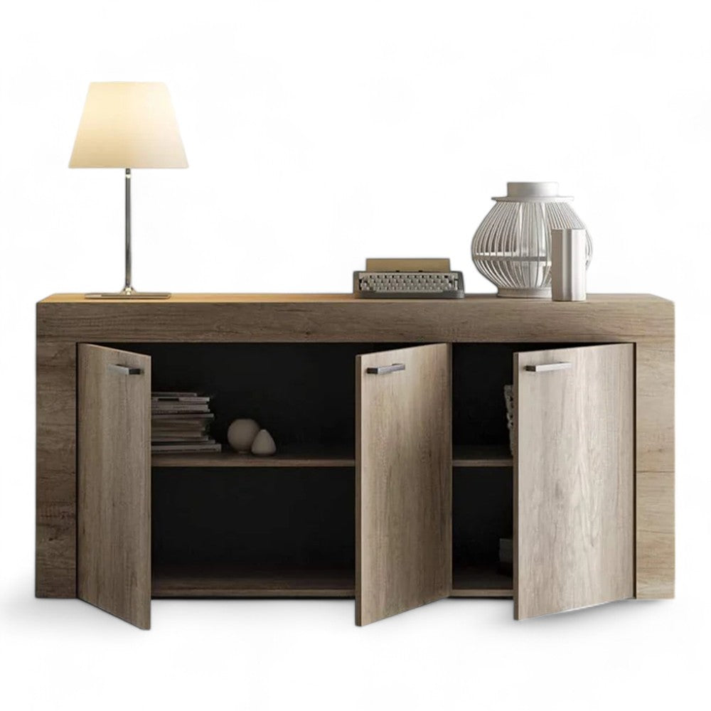 Mobile madia in quercia chiaro con tre ante e ripiani interni cm 150x40x81h in truciolare melaminico antigraffio