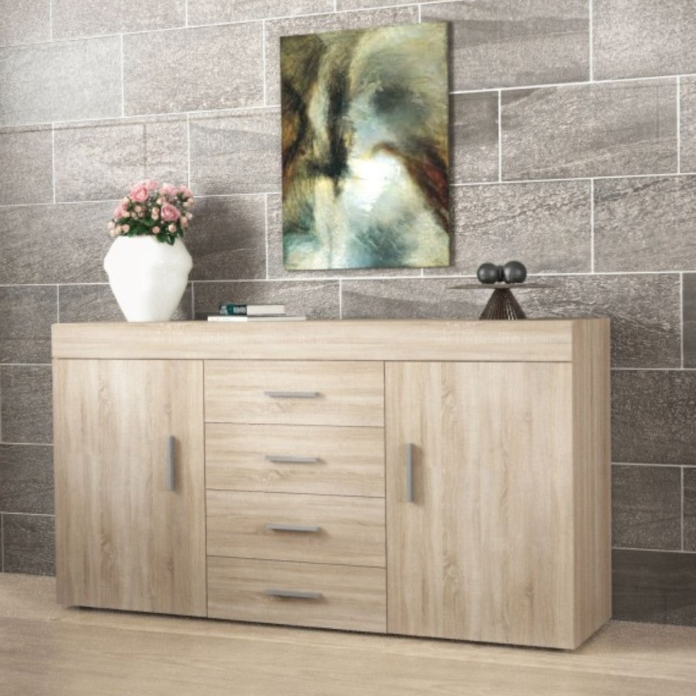 Mobile madia in truciolare antigraffio quercia chiaro 150x40x81 cm con due ante quattro cassetti e ripiani interni