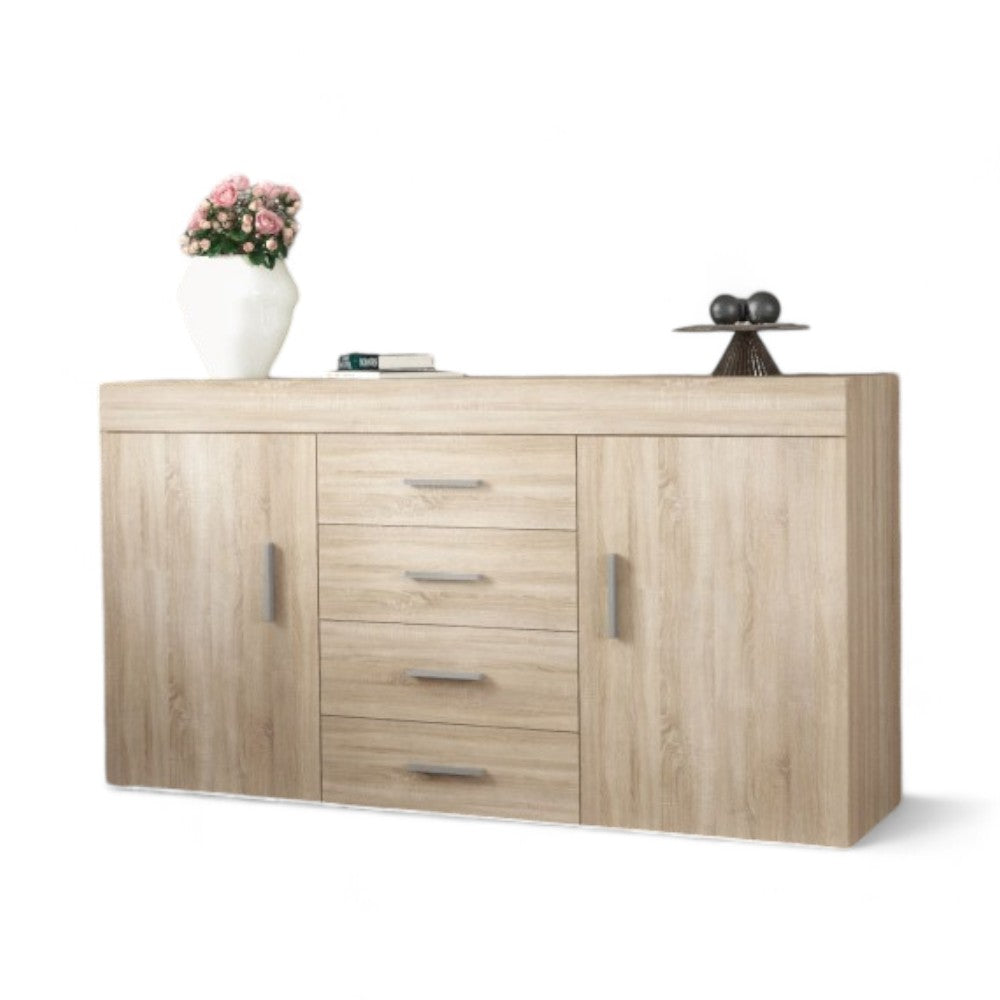 Mobile madia in truciolare antigraffio quercia chiaro 150x40x81 cm con due ante quattro cassetti e ripiani interni