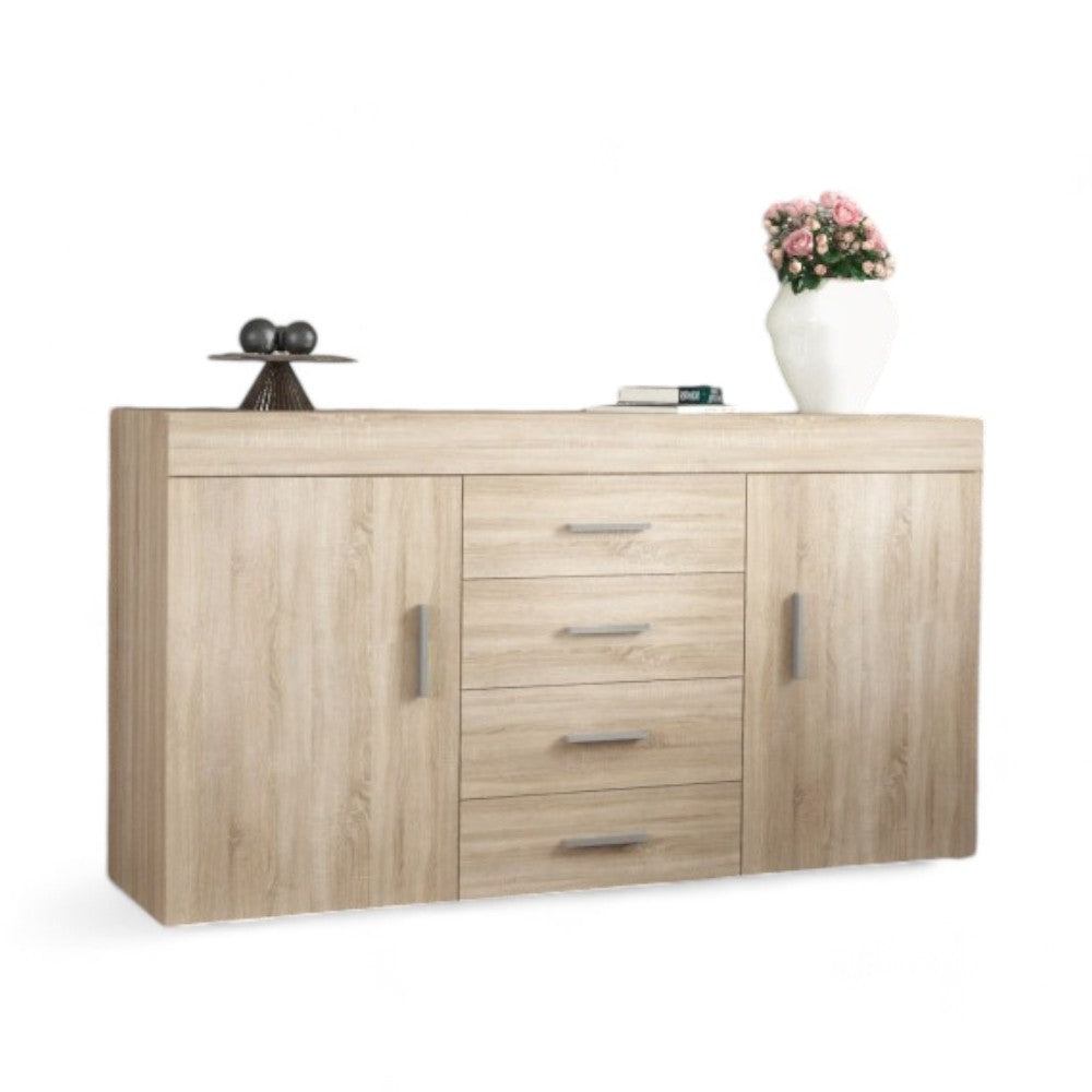 Mobile madia in truciolare antigraffio quercia chiaro 150x40x81 cm con due ante quattro cassetti e ripiani interni