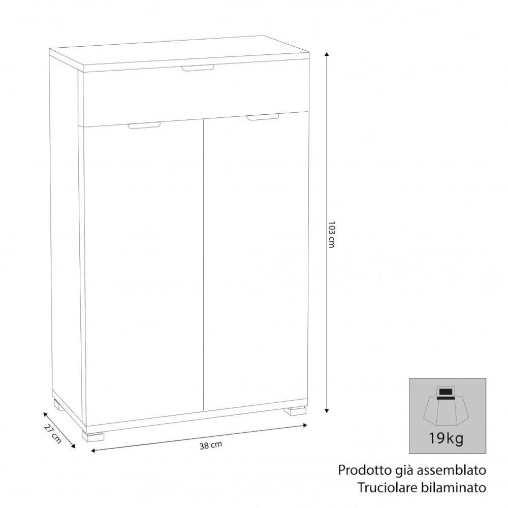 Mobiletto bianco con 2 ante e cassetto truciolare bilaminato 60x38xH103 cm