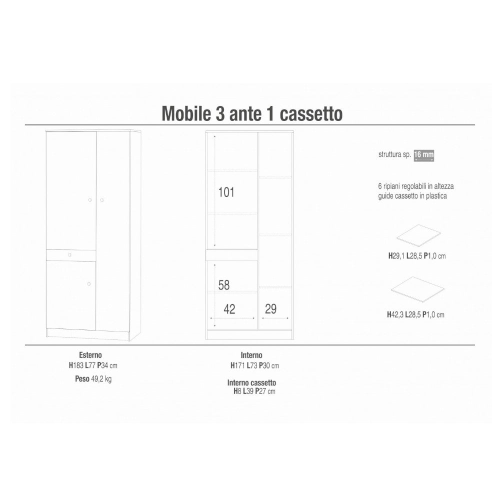mobile armadio bianco tre ante un cassetto in mdf dimensioni 77x34x183 cm design compatto elegante per la casa