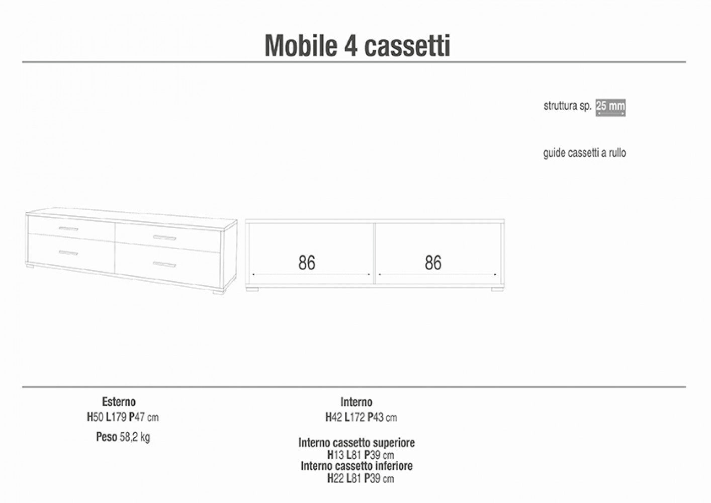 Mobile porta TV moderno 4 cassetti marrone MDF dimensioni 179x47x50 cm design ossido bianco e noce stile Stelvio