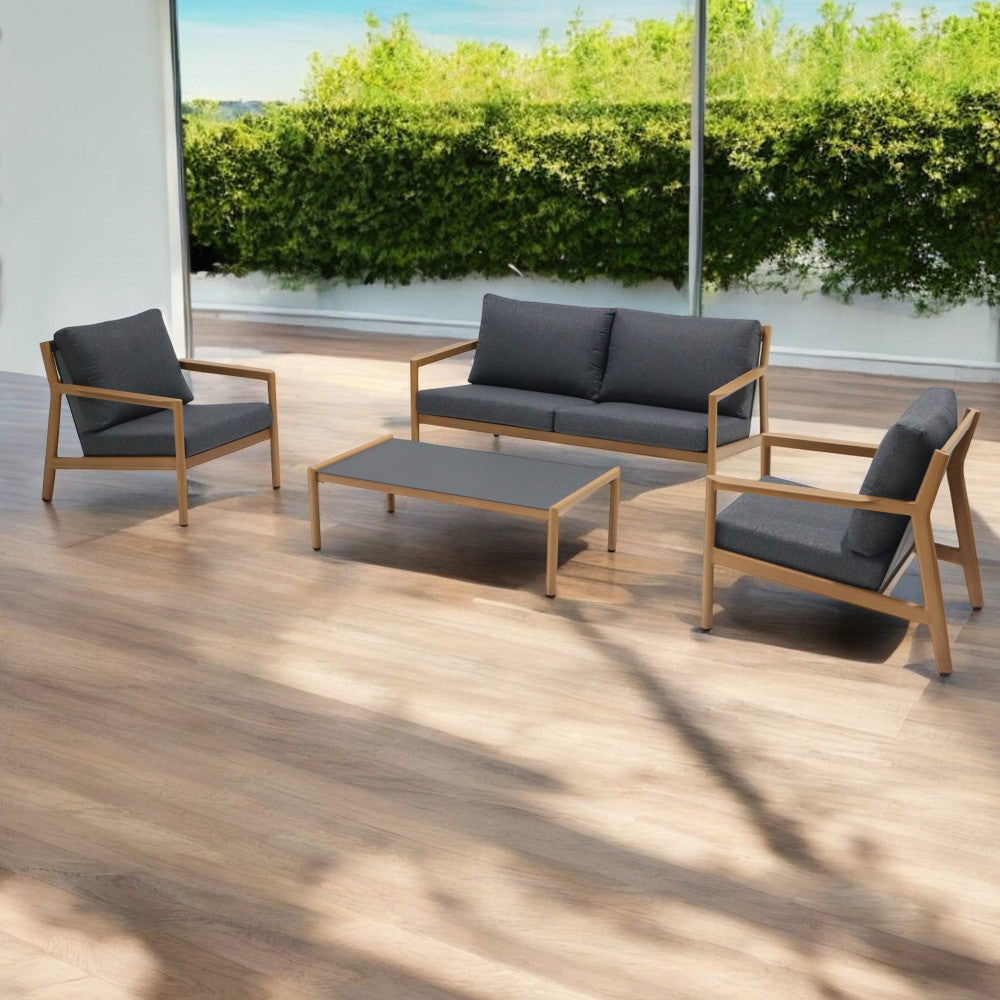 Salotto da giardino in alluminio effetto legno con cuscini imbottiti e sedute in textilene Tandili