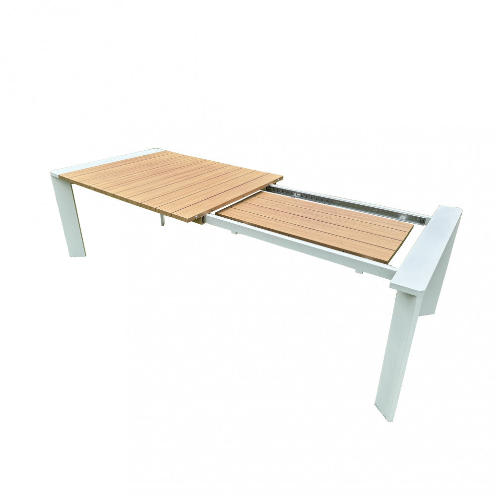Tavolo rettangolare estensibile con struttura in alluminio bianco e piano effetto legno 150/200x100xH75 cm