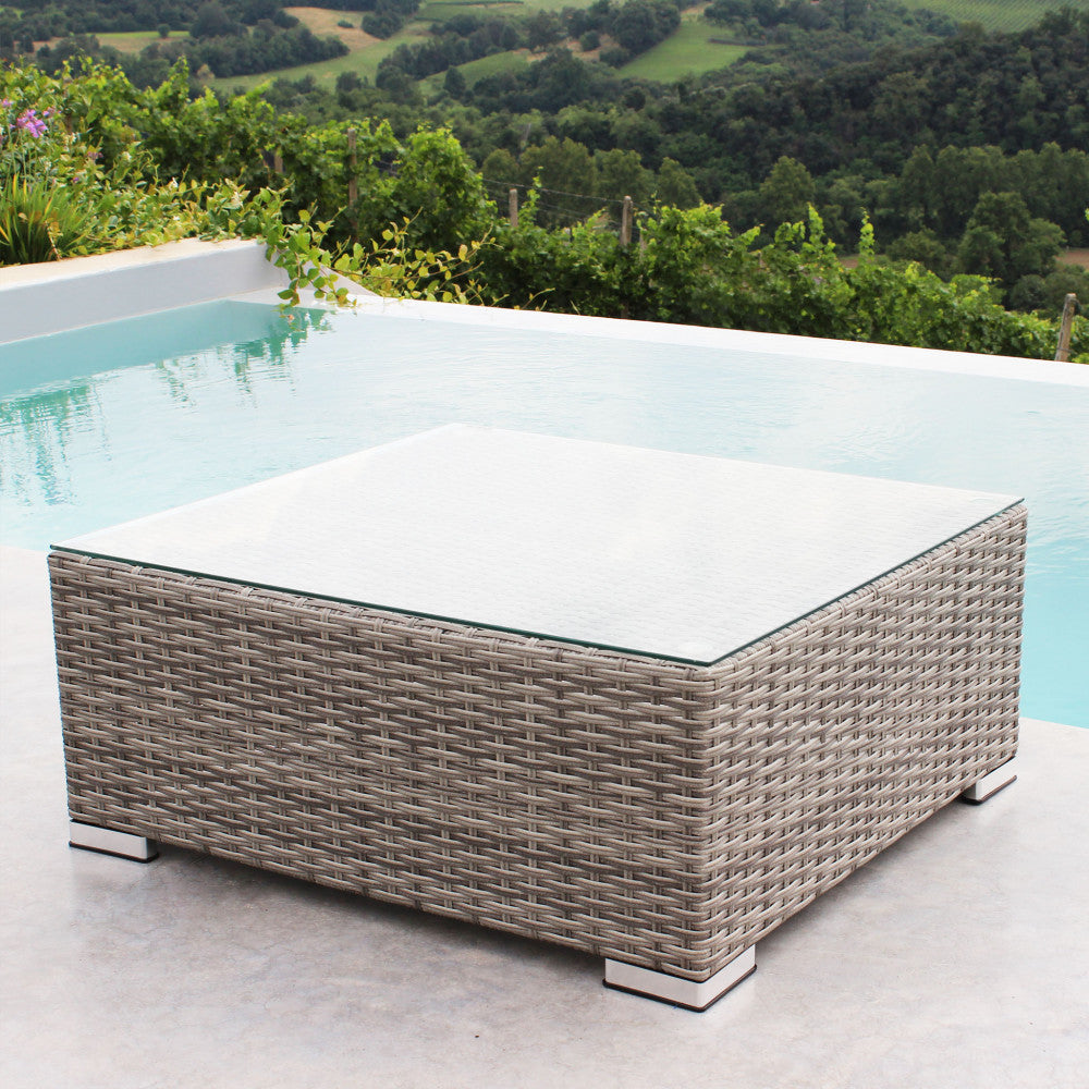 Tavolino in wicker grigio con struttura in alluminio resistente 73x68xH30 cm per salotto