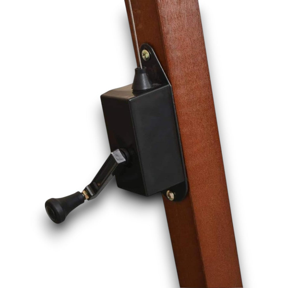 Ombrellone decentrato quadro 300x300 in legno teak con manovella copertura poliestere 8 stecche base a croce 100x100
