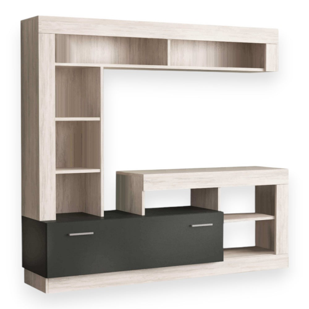 Parete attrezzata soggiorno con pensile colonna bassa cassettone vani a giorno pino chiaro antracite 175x40x170h