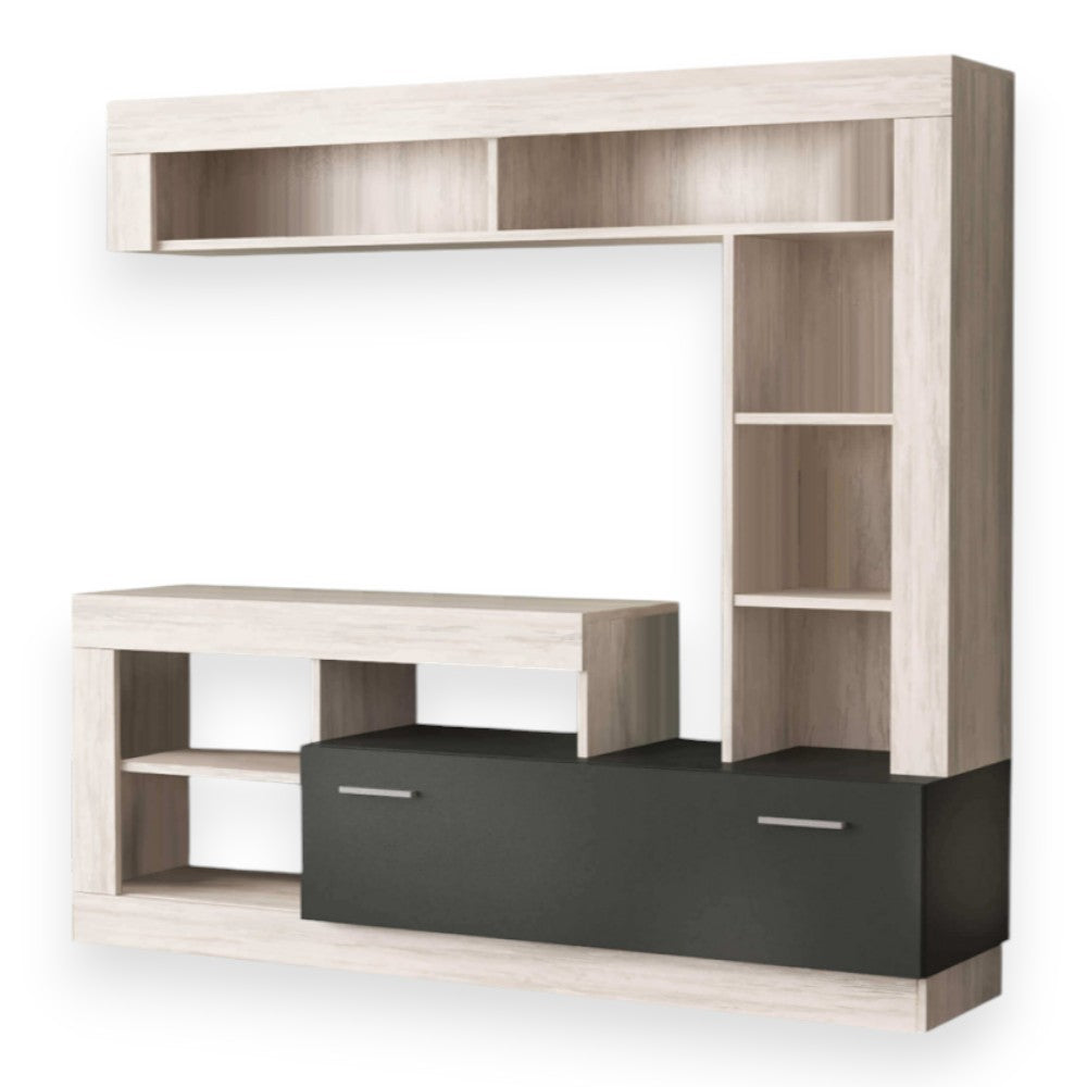 Parete attrezzata soggiorno con pensile colonna bassa cassettone vani a giorno pino chiaro antracite 175x40x170h