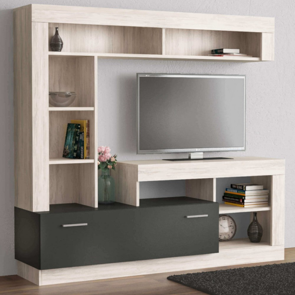 Parete attrezzata soggiorno con pensile colonna bassa cassettone vani a giorno pino chiaro antracite 175x40x170h