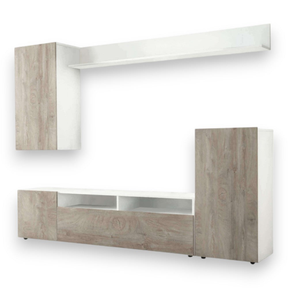 Parete attrezzata soggiorno moderna bianca rovere grigio con pensile scaffale e cassettone cm 210x36,5x170h