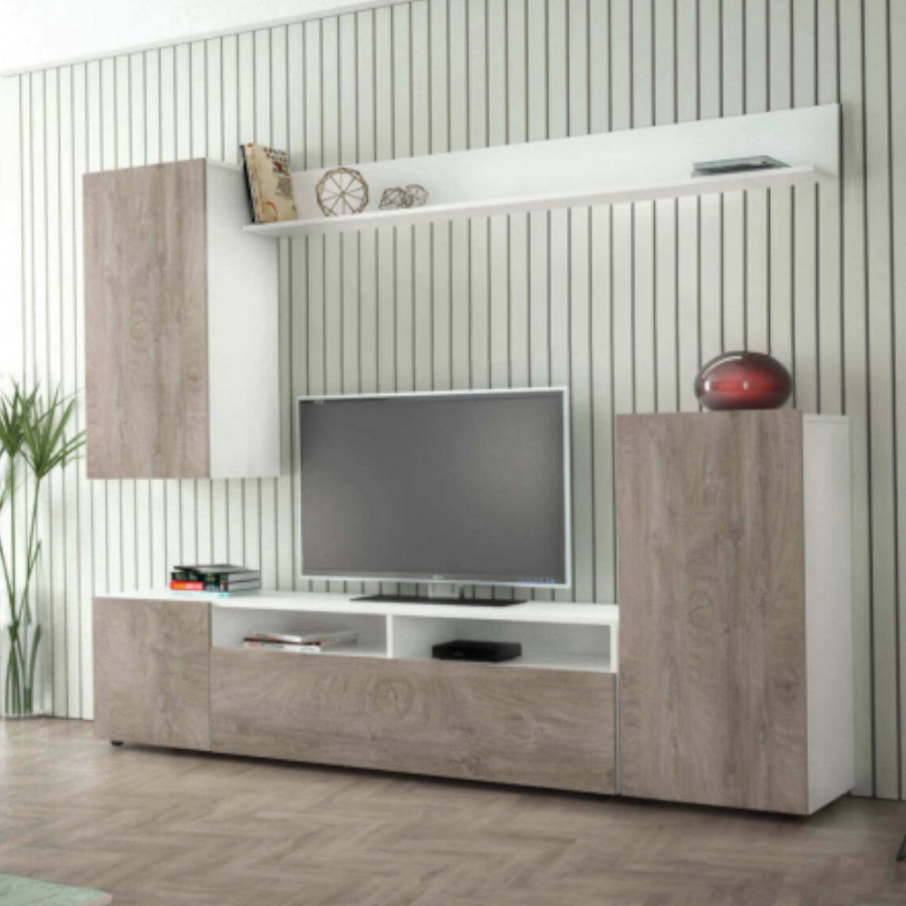 Parete attrezzata soggiorno moderna bianca rovere grigio con pensile scaffale e cassettone cm 210x36,5x170h