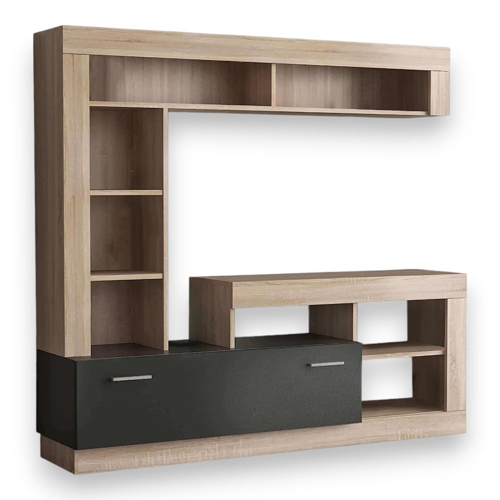 Parete attrezzata moderna quercia chiaro antracite con pensile colonna bassa cassettone vani a giorno 175x40x170h