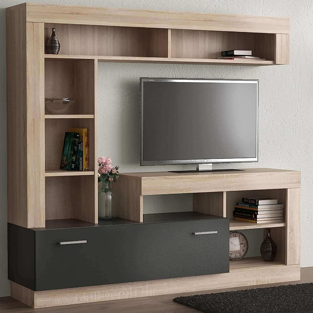Parete attrezzata moderna quercia chiaro antracite con pensile colonna bassa cassettone vani a giorno 175x40x170h
