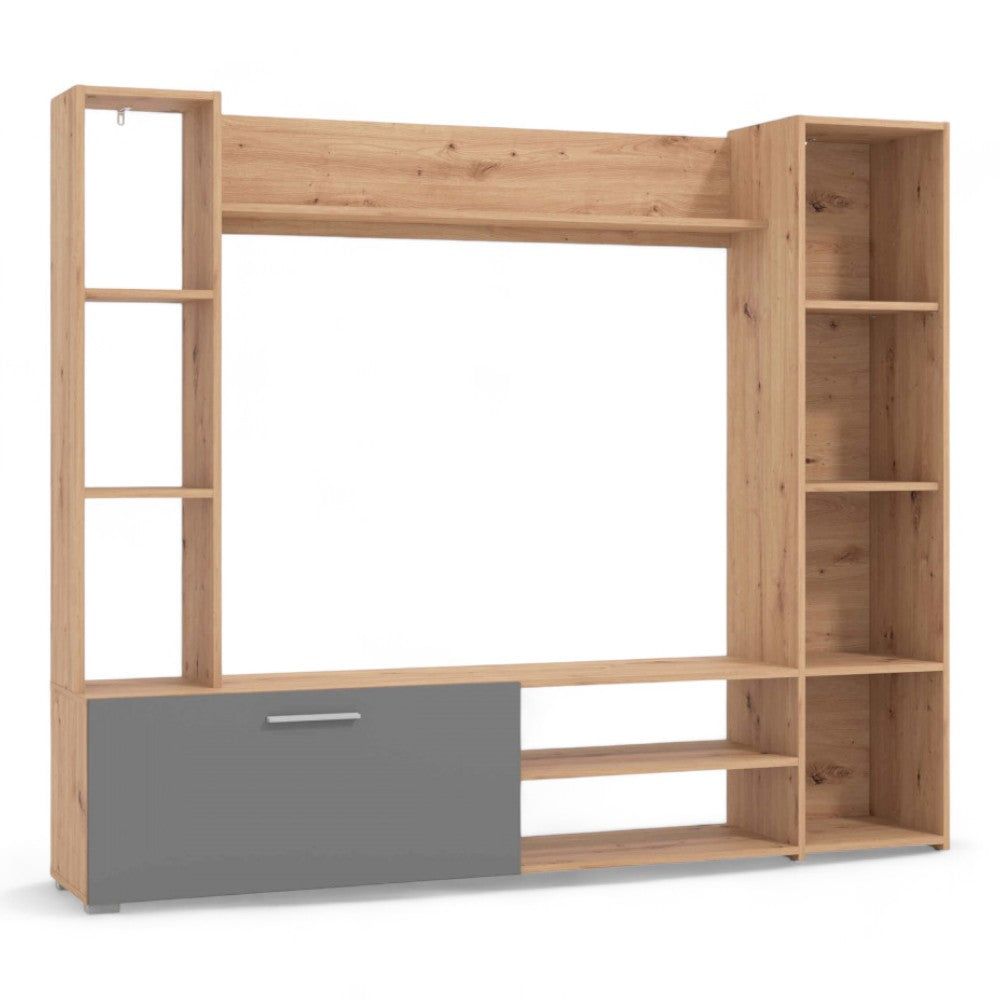 Mobile soggiorno rovere artigiano e grigio grafite design moderno dimensioni 185x35x155 cm in truciolare bilaminato