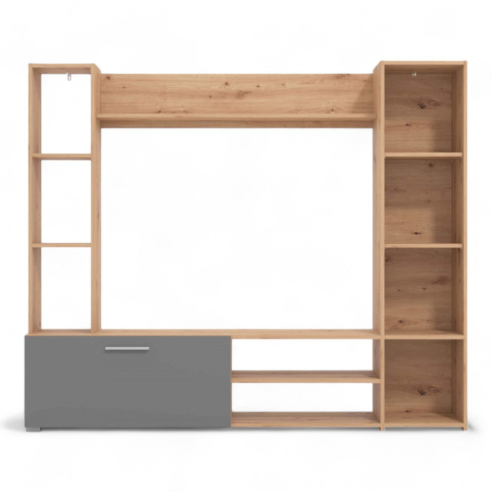 Mobile soggiorno rovere artigiano e grigio grafite design moderno dimensioni 185x35x155 cm in truciolare bilaminato