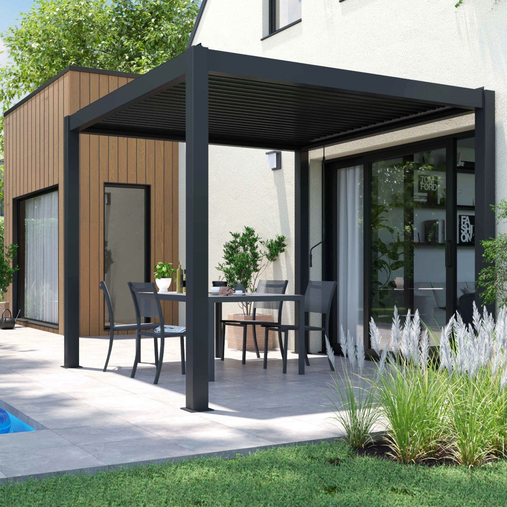 Gazebo pergola bioclimatica 3x4 mt. in alluminio con copertura a doppia lamella frangisole orientabili