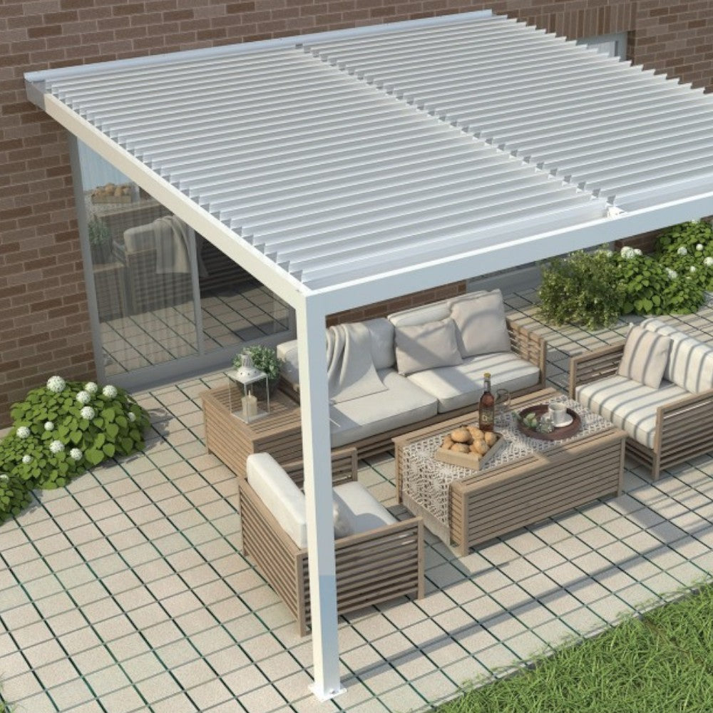 Pergola bioclimatica in alluminio 3x4 mt addossata a parete con lamelle frangisole